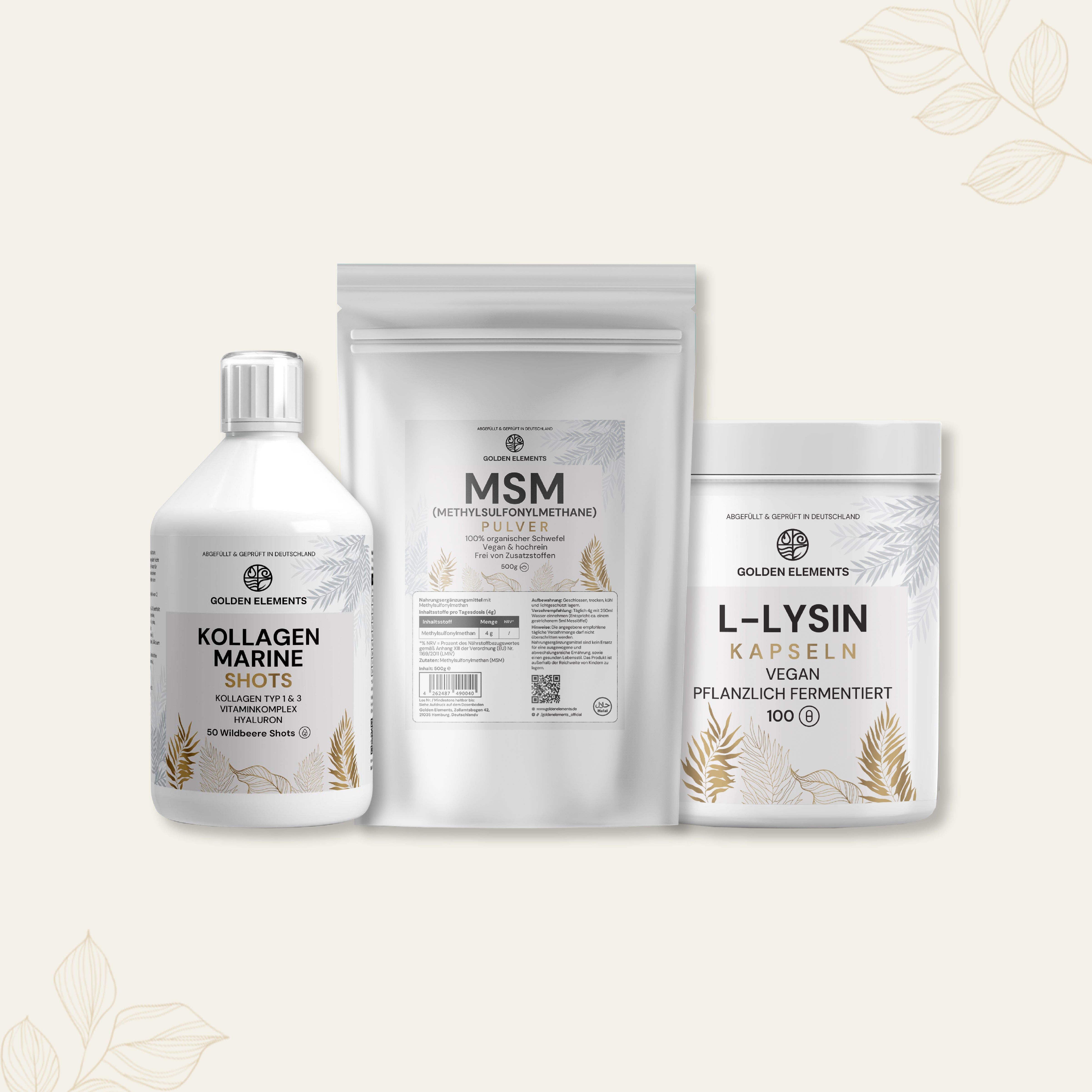 Golden Elements Beauty and Glow Bundle mit Kollagen Marine Shots, MSM Pulver und L-Lysin Kapseln – Produktübersicht